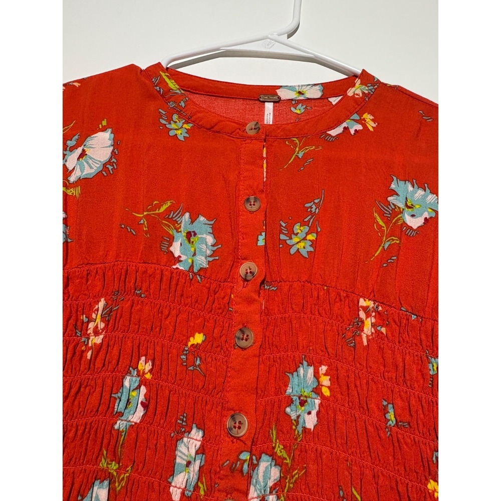 Free People Women Size S Orange Floral Smocked Button Greatest Day Mini Dress - Picture 3 of 7